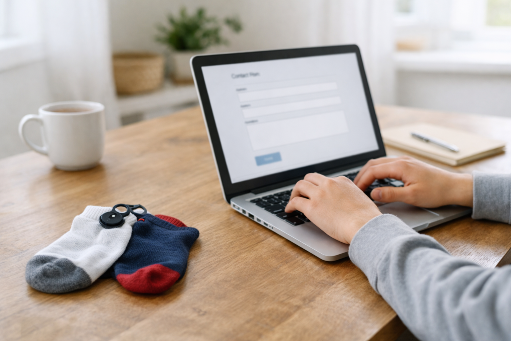 Iemand die op de laptop typt, sokken liggen op tafel